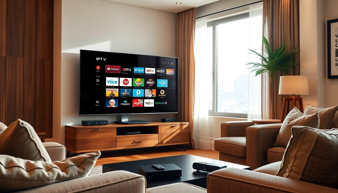 Comprar IPTV en un acogedor salón con un televisor moderno mostrando canales.