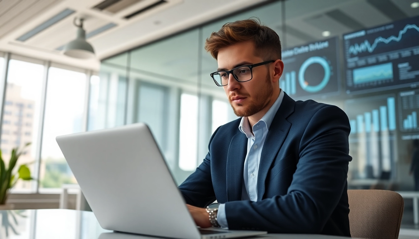 B2B buyer thoughtfully researching options in a modern office space.