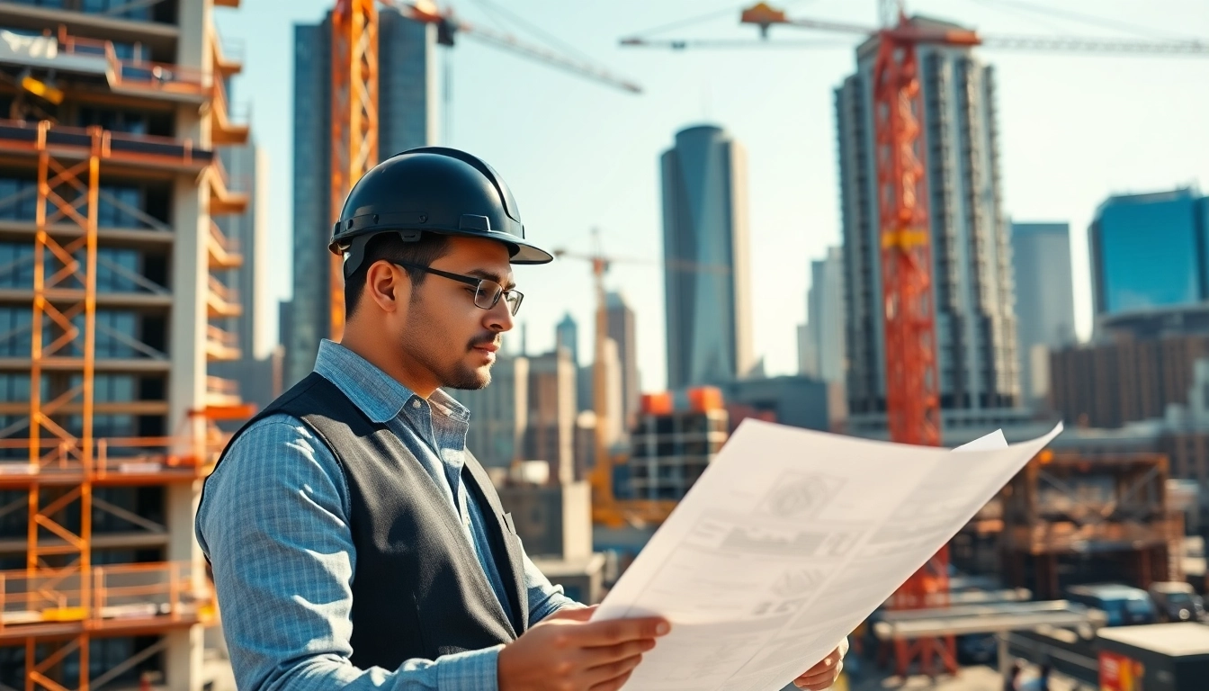 New York Construction Manager examining blueprints on an active urban site.