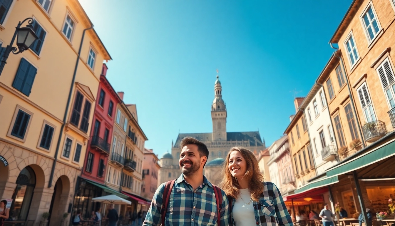 Engaging visual of a couple enjoying their europe tour package from malaysia amidst vibrant European city life.