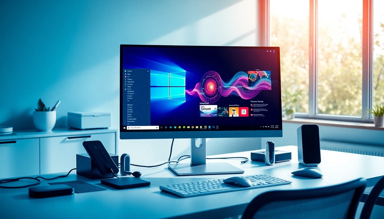 Microsoft Windows auf einem modernen Arbeitsplatz mit organisiertem Setup und hellem Licht.