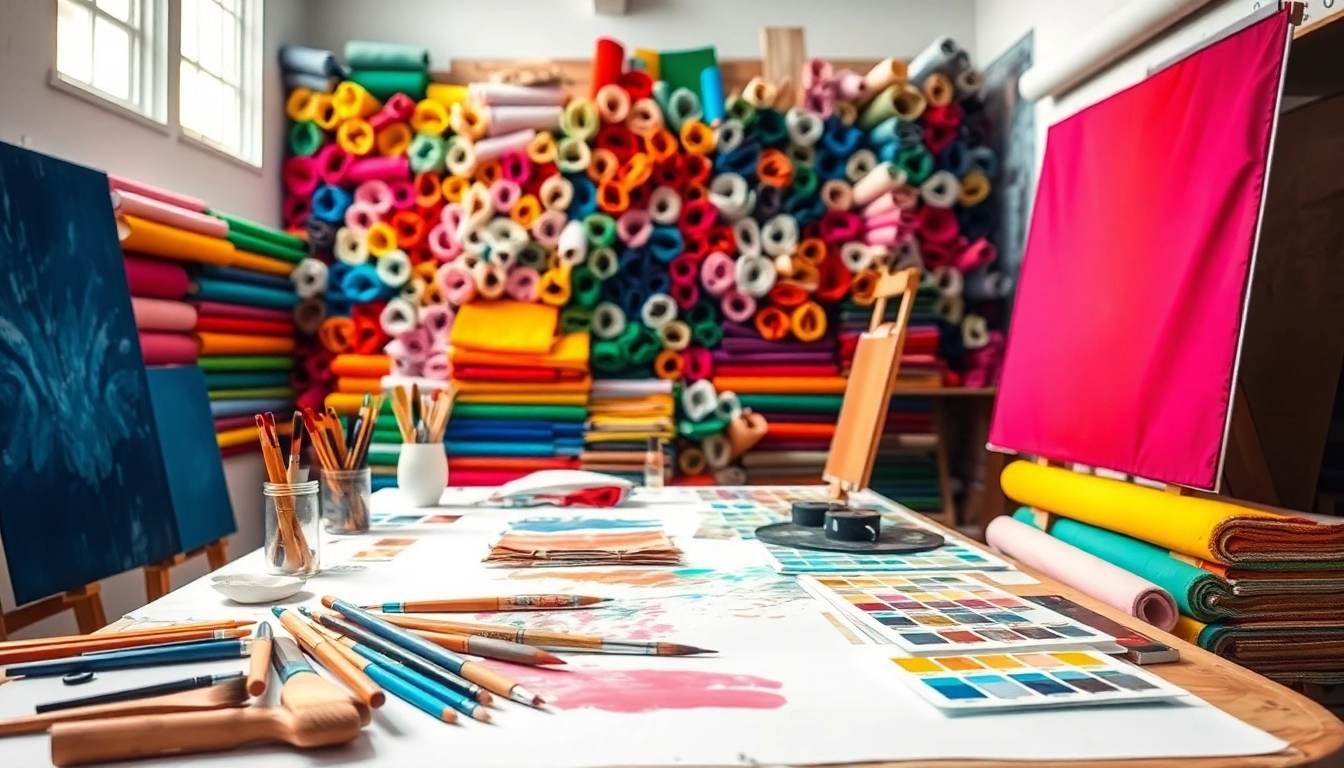 Verken kleurrijke canvas stoffen in een artistieke werkruimte vol creativiteit.