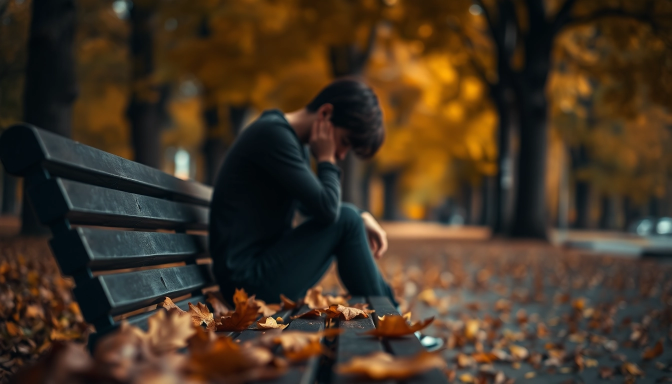 Solitary figure experiencing the emotional weight of a relationship breakup in an autumn park.