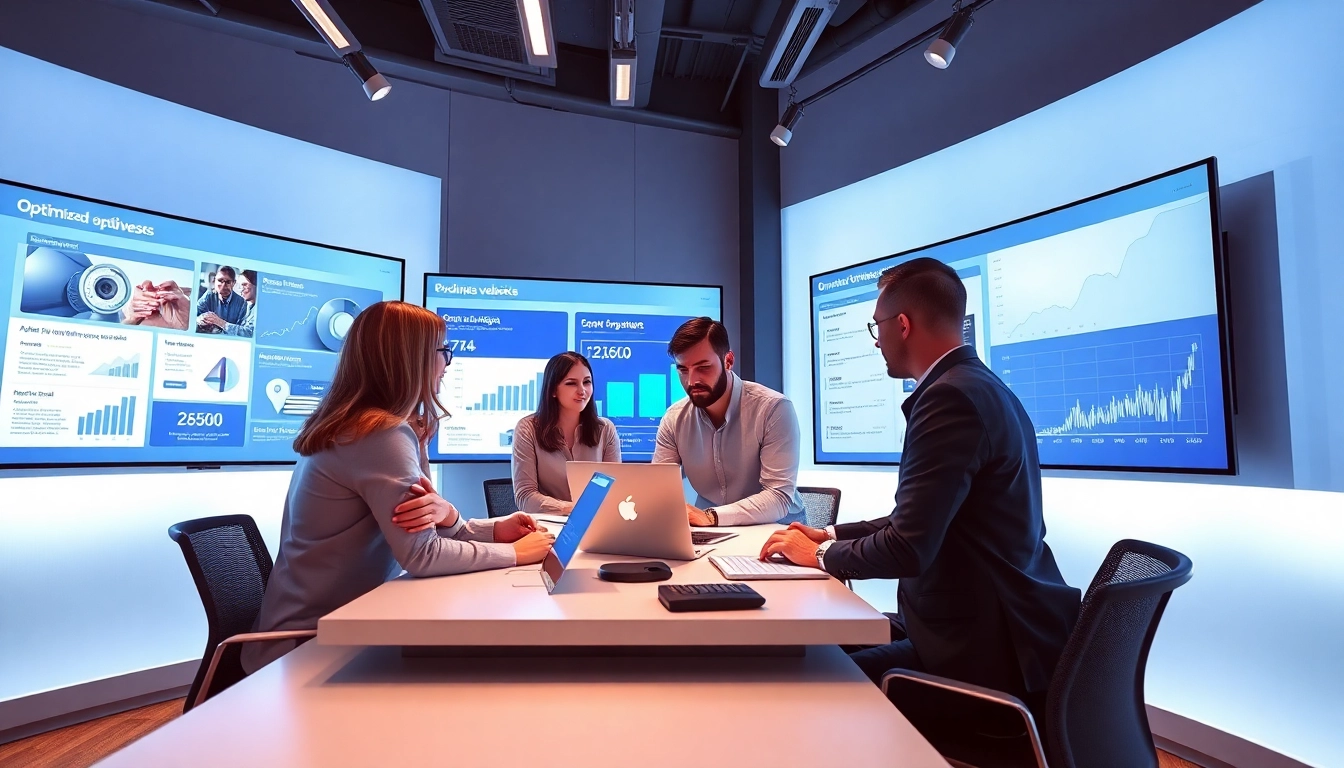 Showcase of web design and seo services, dynamic team collaboration in a modern workspace.