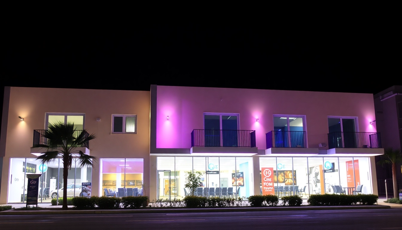 Carteles inmobiliaria en Alicante iluminan escaparate moderno con anuncios dinámicos y coloridos.