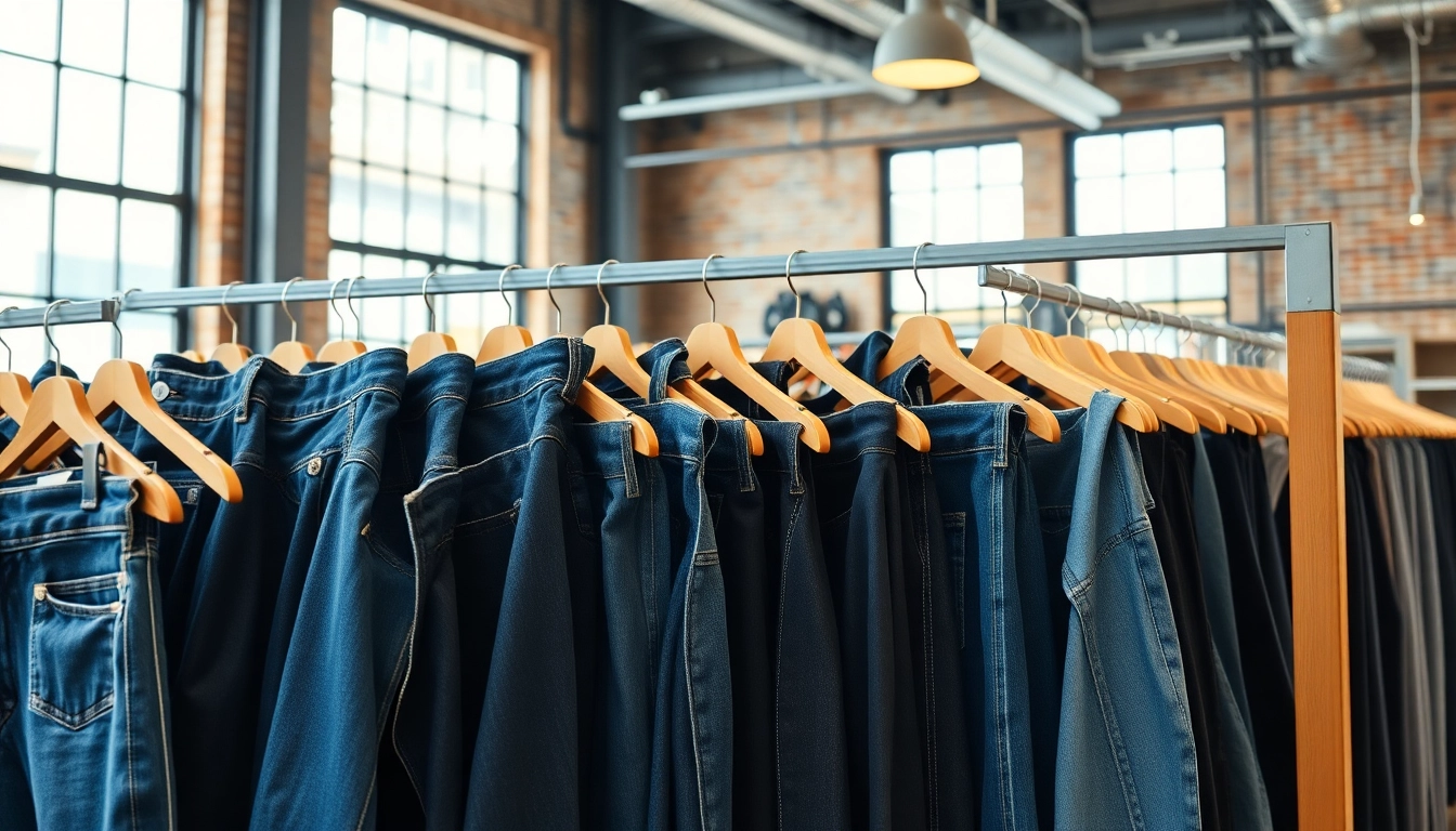 Showcasing diverse jeans manufacturers in a stylish showroom with rich denim textures.