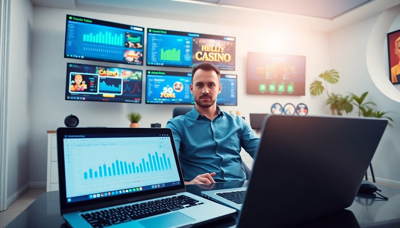 Engaging in casino affiliate marketing from a modern office, showcasing professional setup.