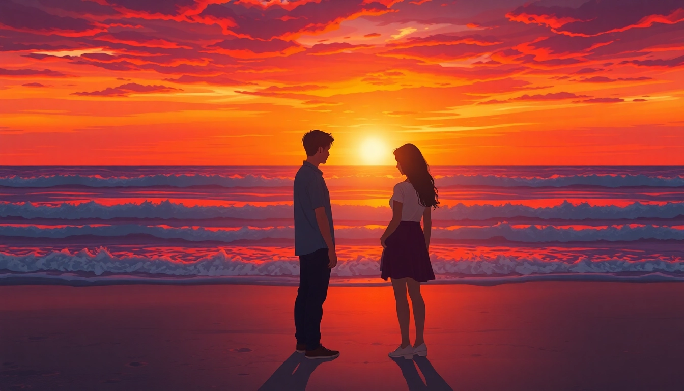 Couple experiencing a difficult relationship breakup standing apart on a beach at sunset.