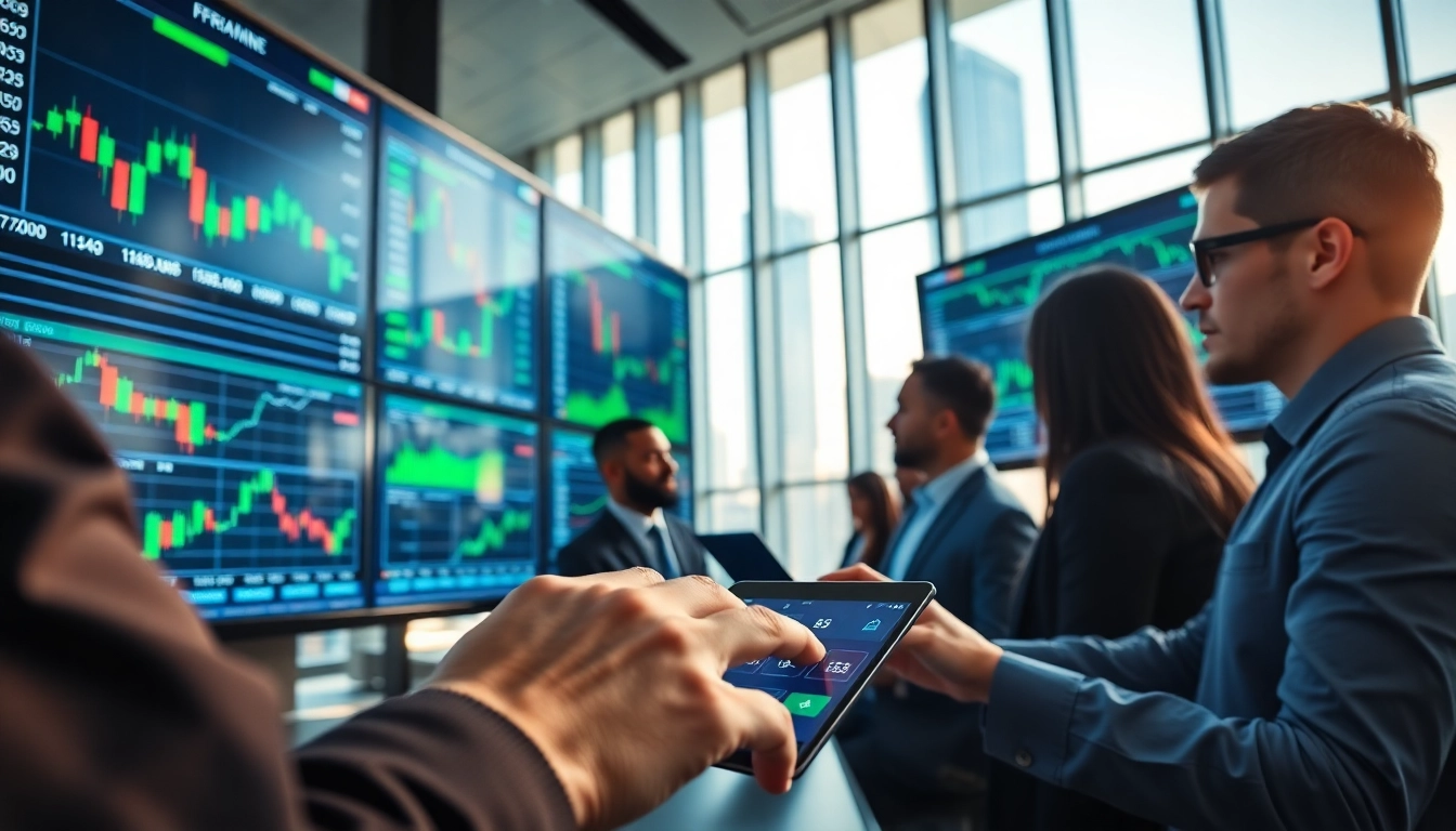 Traders engaged in Forex Trading, analyzing charts and utilizing technology in a vibrant office.