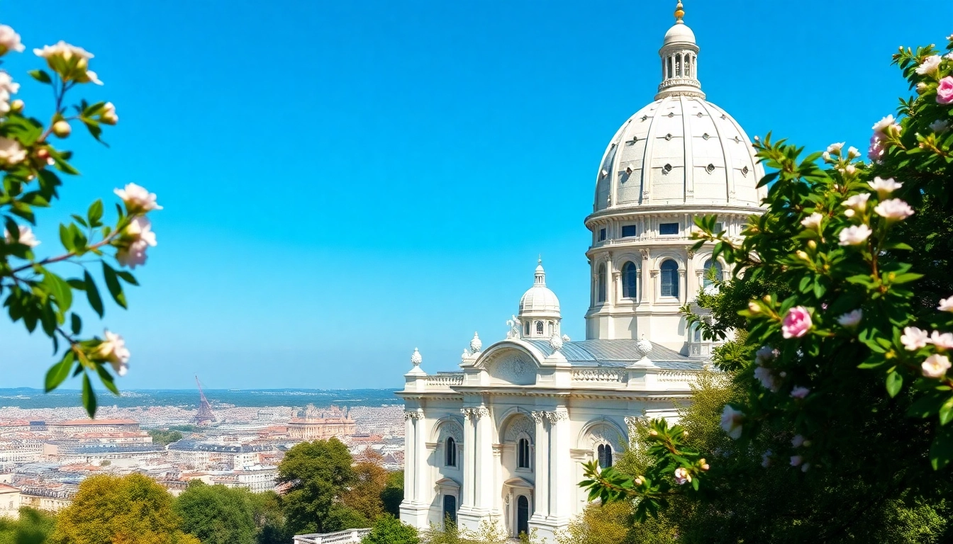 Visitors enjoying the view of Sacre Coeur Basilica in Paris under a bright sky.