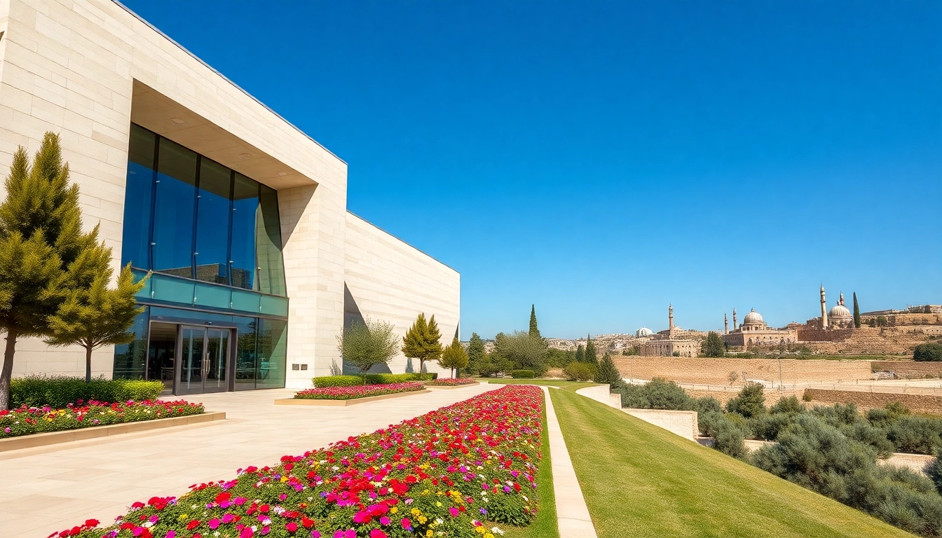 Visitors admire the striking architecture of the Jerusalem Art Museum from a scenic pathway.