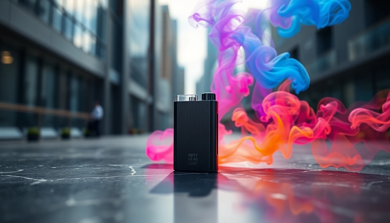 Showcasing the FIFTY BAR 20K disposable vape with vibrant vapor in a sophisticated setting.