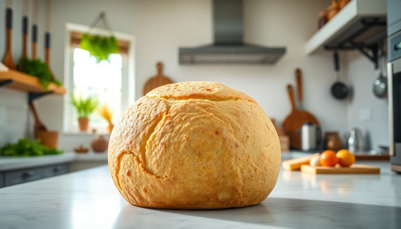 Kaasdoek ligt prominent in een lichte keuken met divers keukengerei en ingrediënten.
