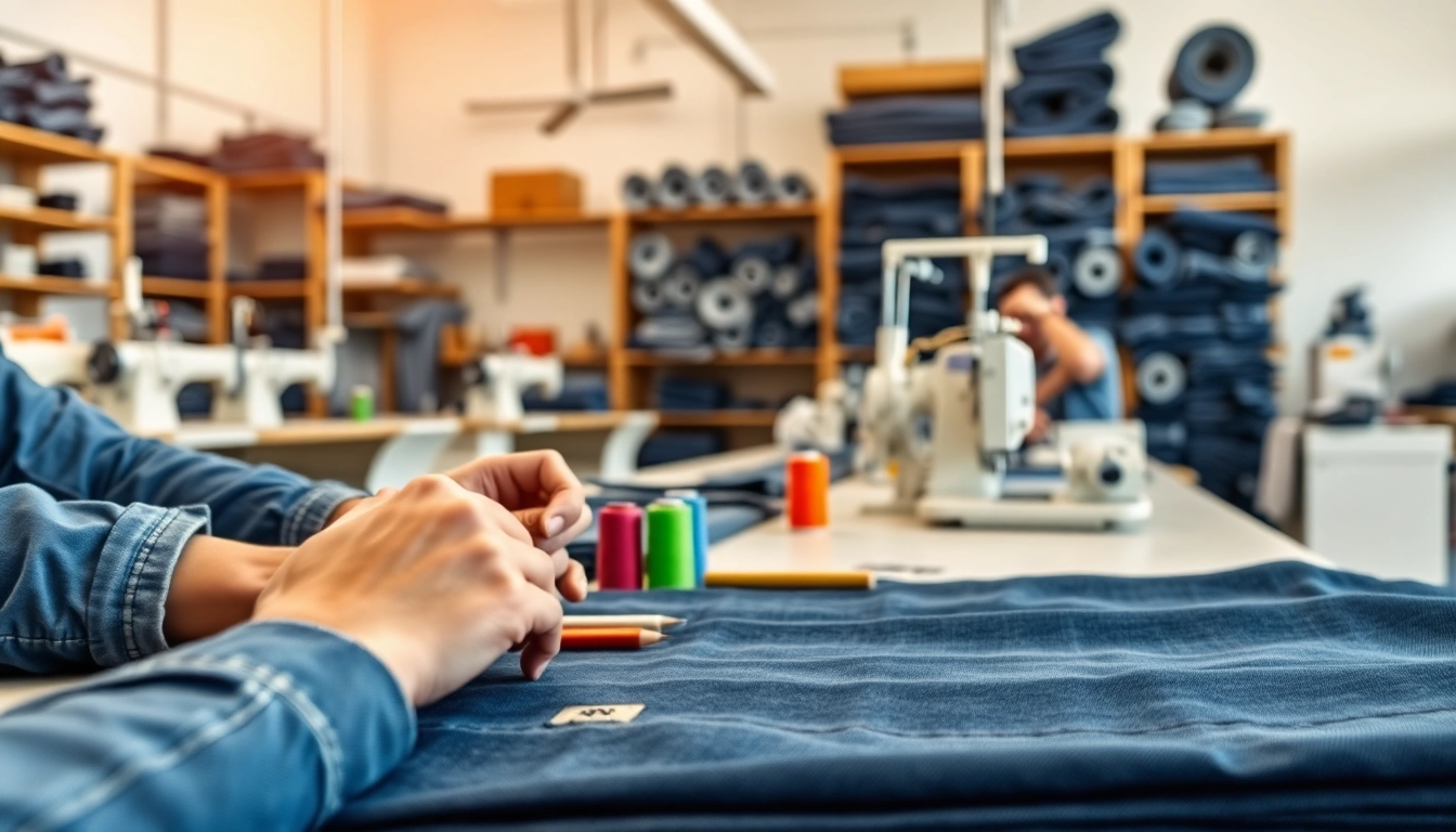 Showcase of skilled jeans manufacturers crafting denim garments with precision.
