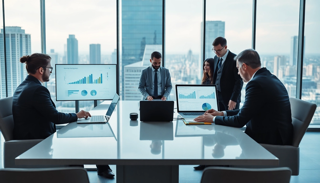 Analyze competitive intelligence data with a professional team in a modern office setting.