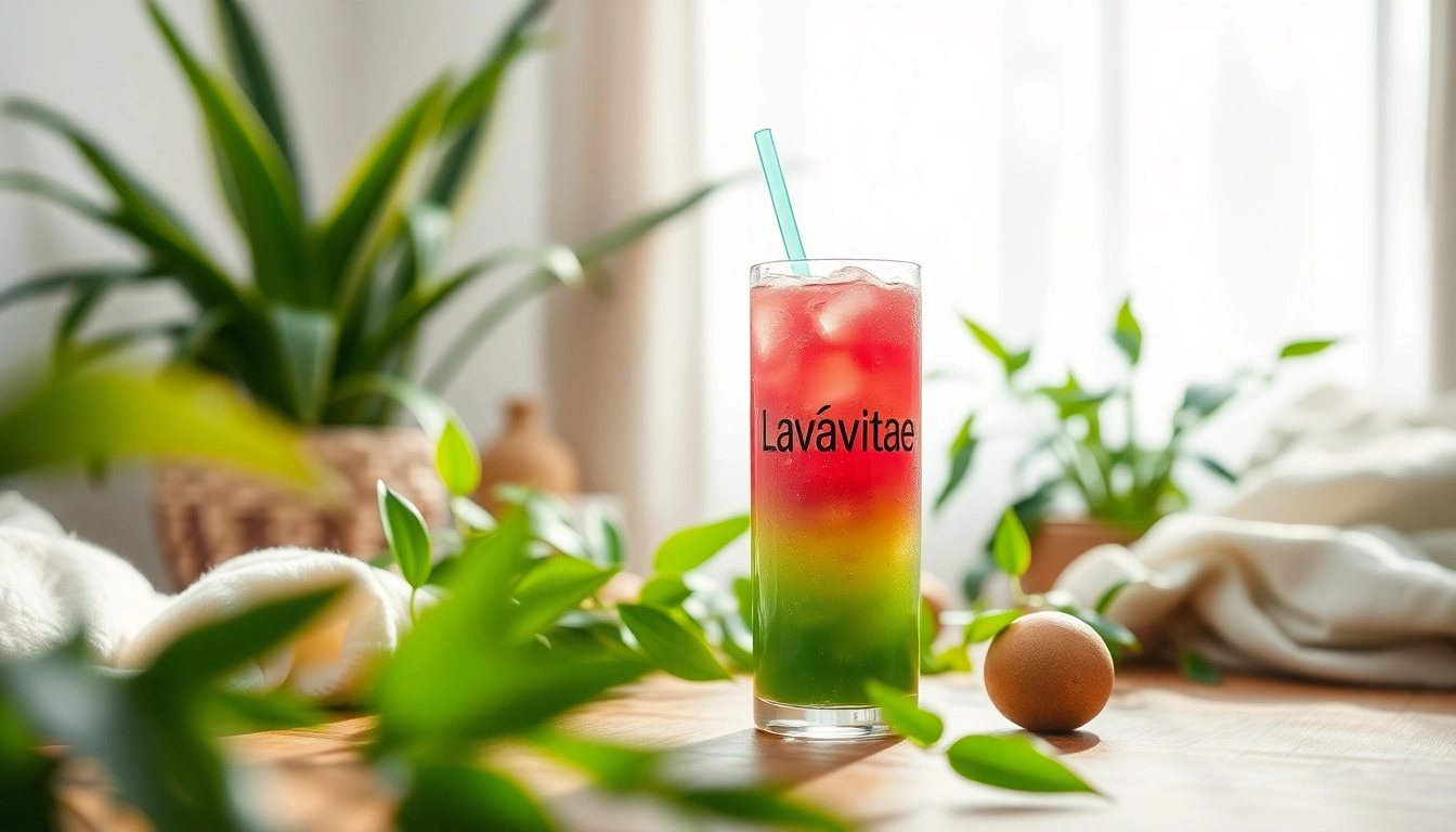 Ożywczy napój Lavavitae w przyjemnym otoczeniu zdrowotnym z roślinami.