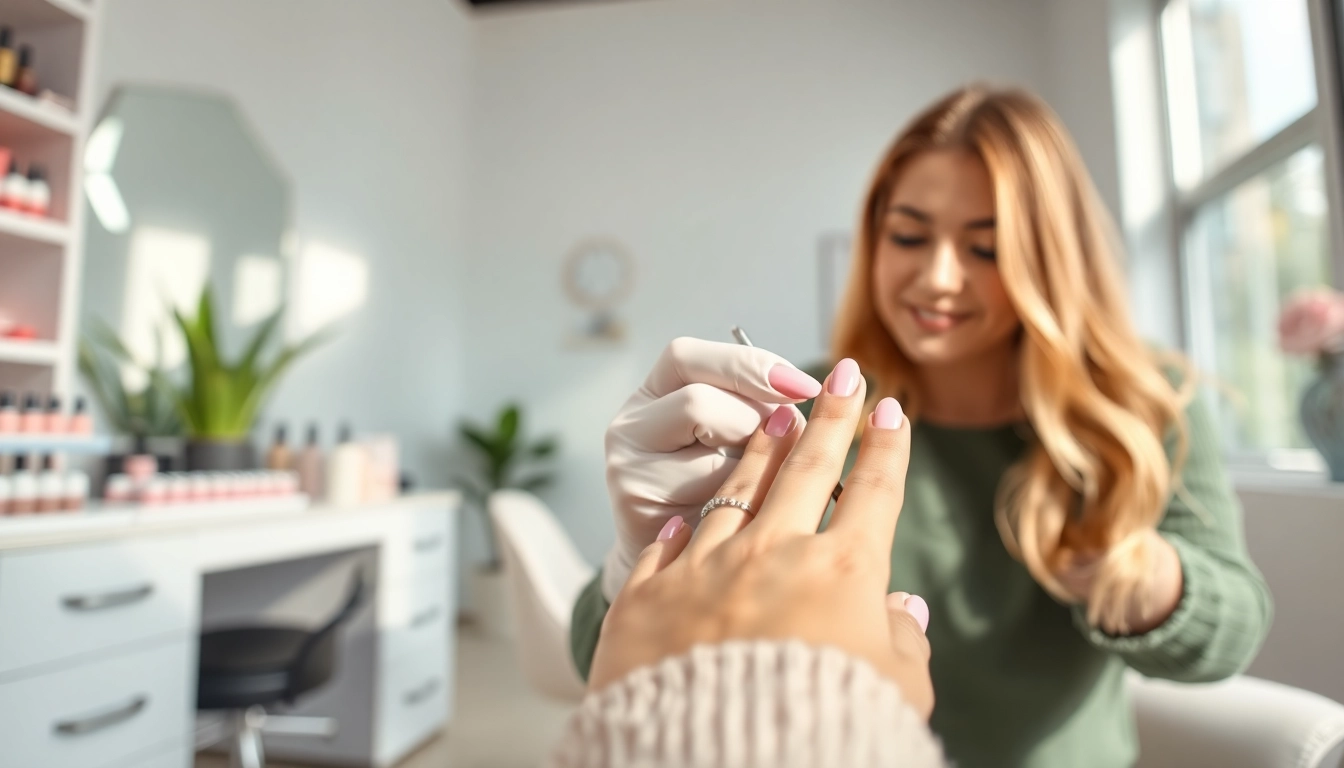 Nail Course: A nail technician creating intricate nail art for a client in a professional salon.