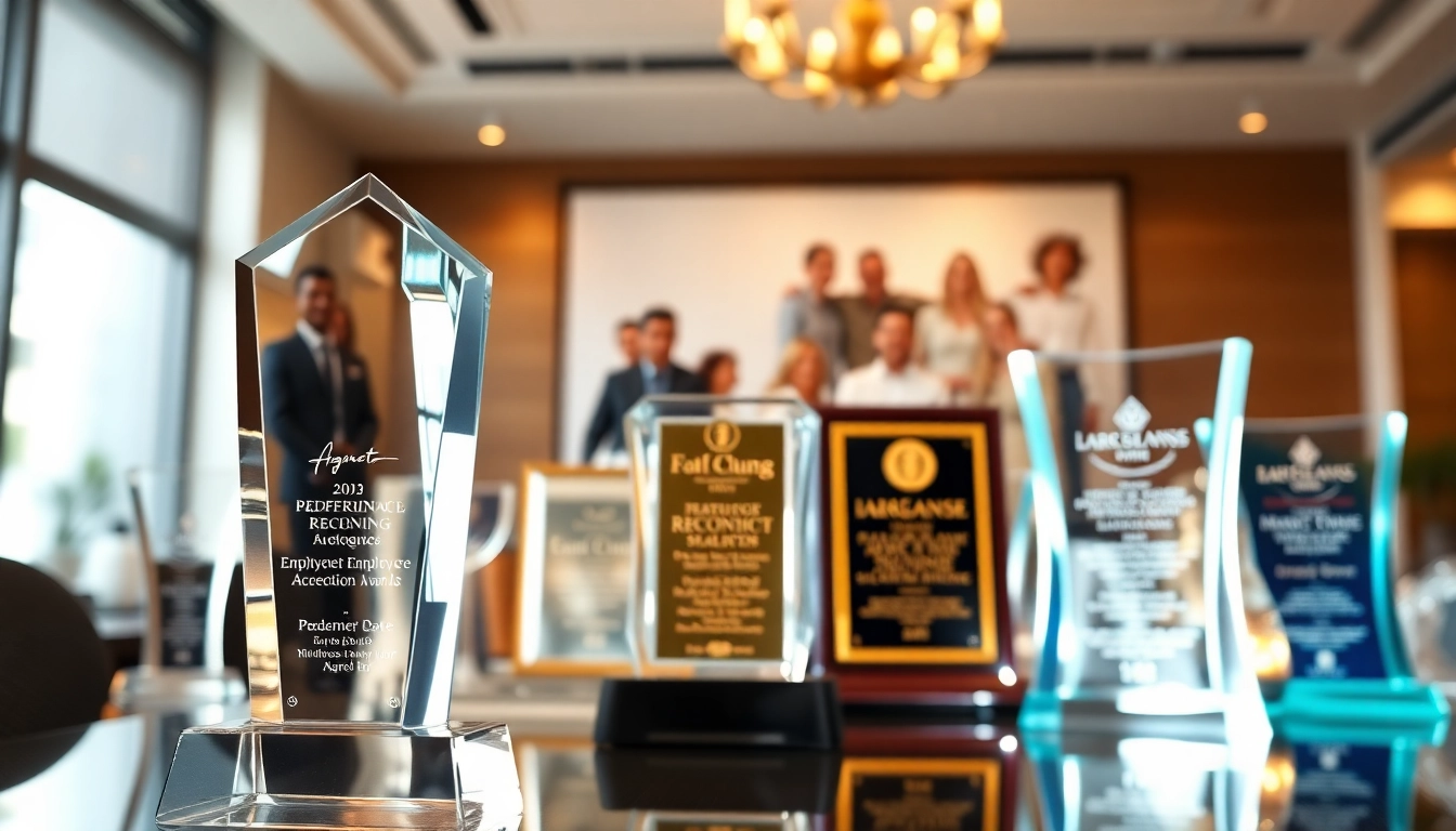 Showcasing employee recognition awards in a corporate setting, emphasizing celebration and prestige.