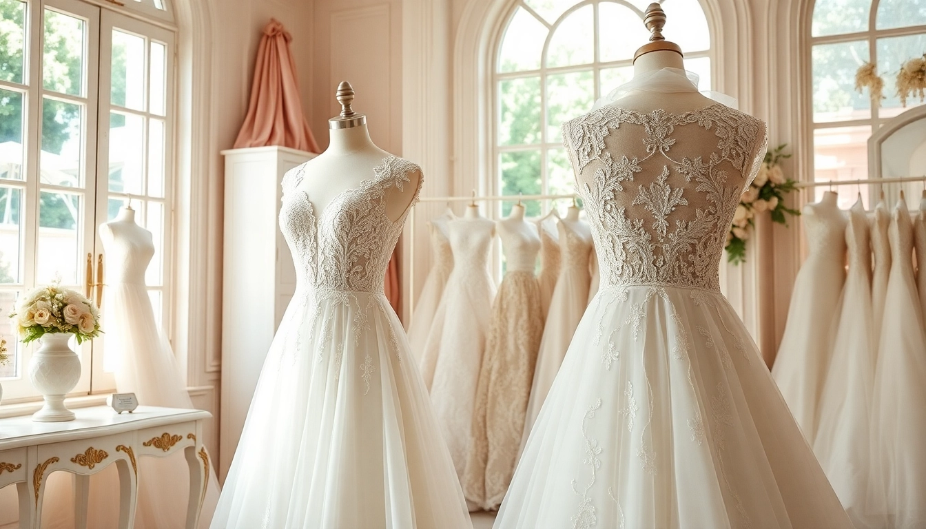 Elegant display of A-Line Wedding Dresses in a stylish bridal boutique showcasing intricate details.