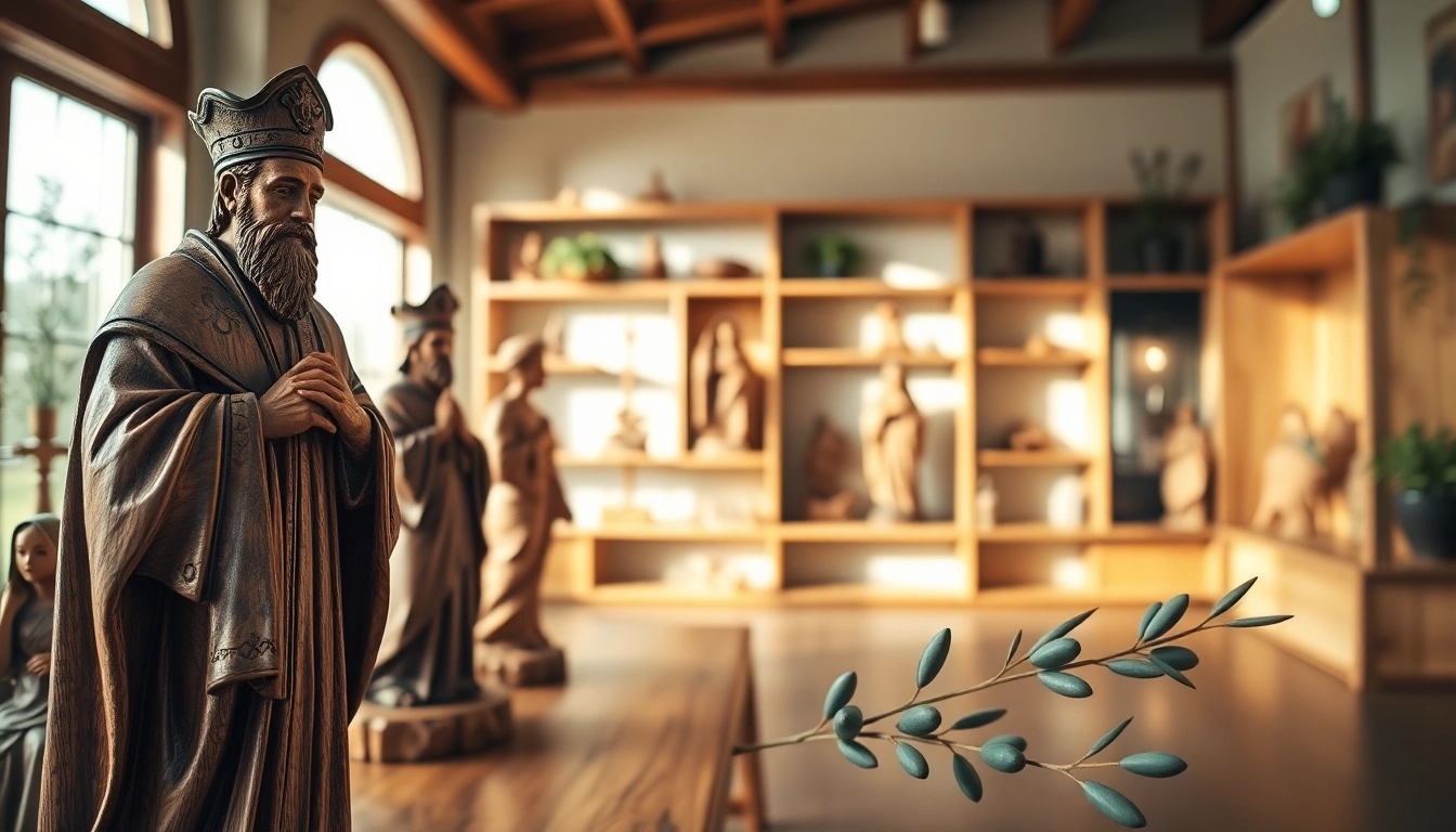 Admiring olive wood carvings in a serene gallery with intricate details and natural light.