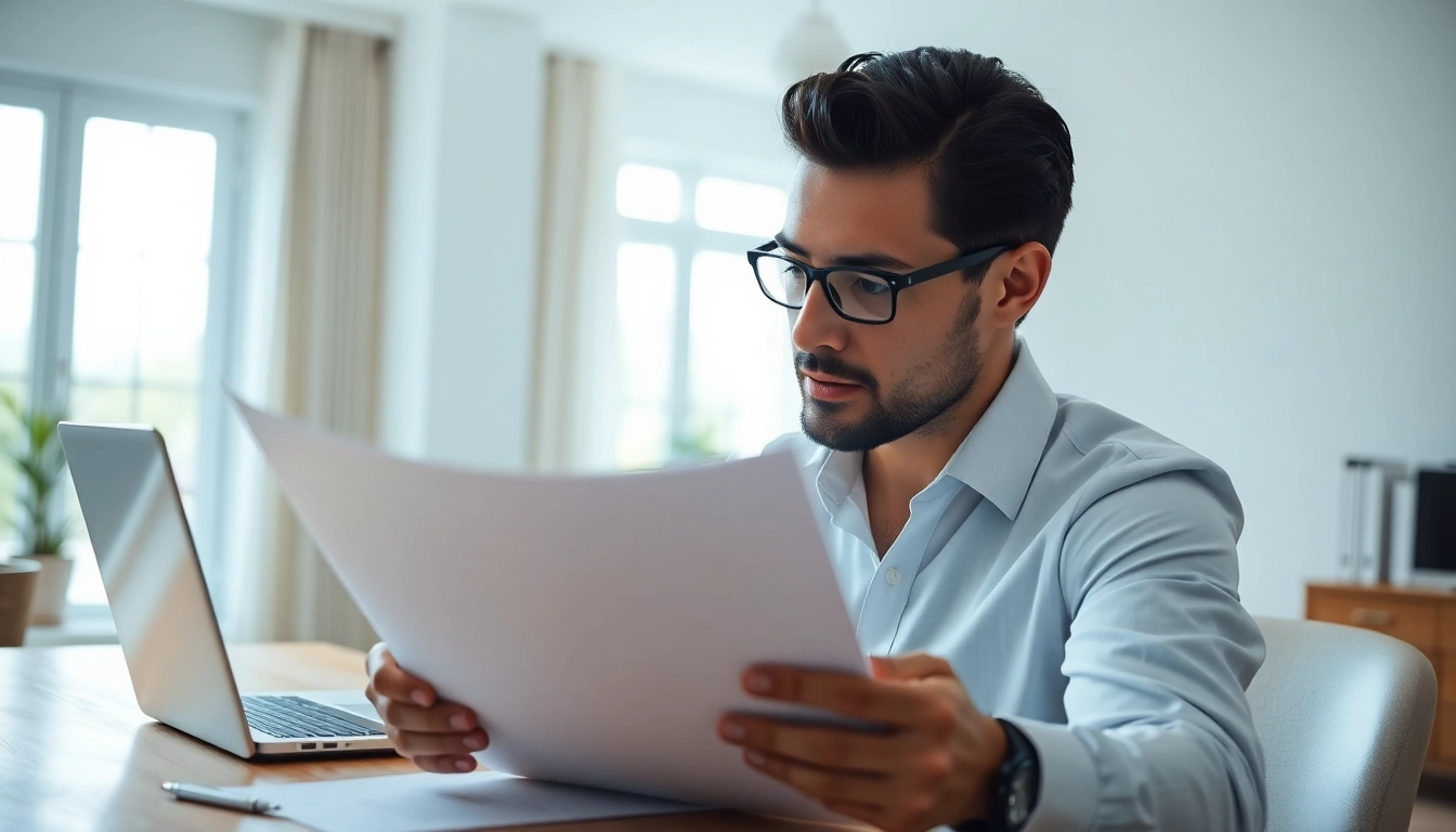Reviewing personal umbrella insurance policy in a professional home office setting.