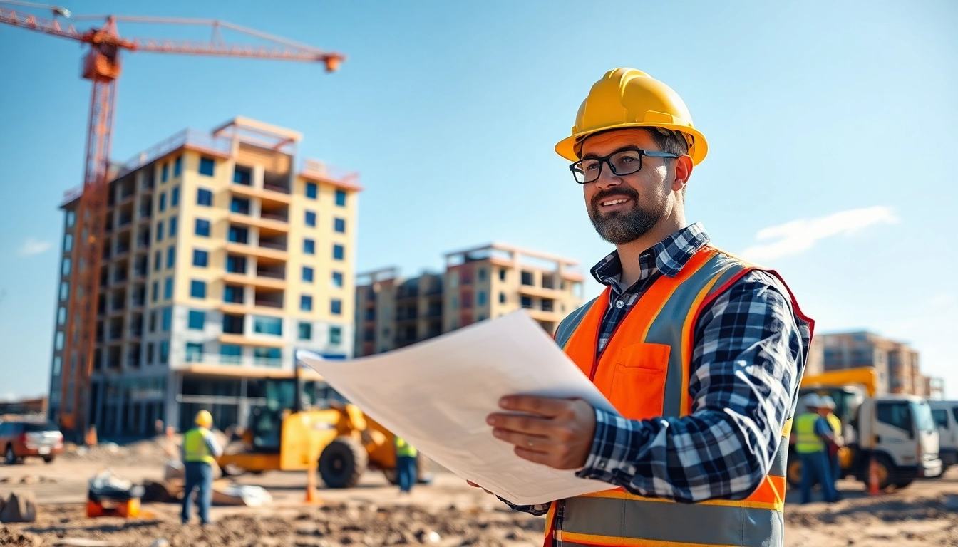 New Jersey Commercial General Contractor reviewing blueprints on an active construction site.