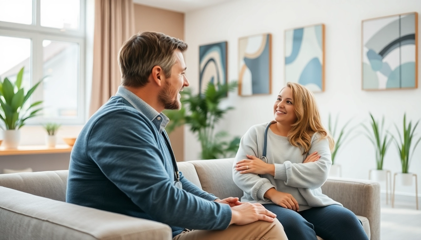 Psychiatrist engaging thoughtfully with a patient in a welcoming environment.