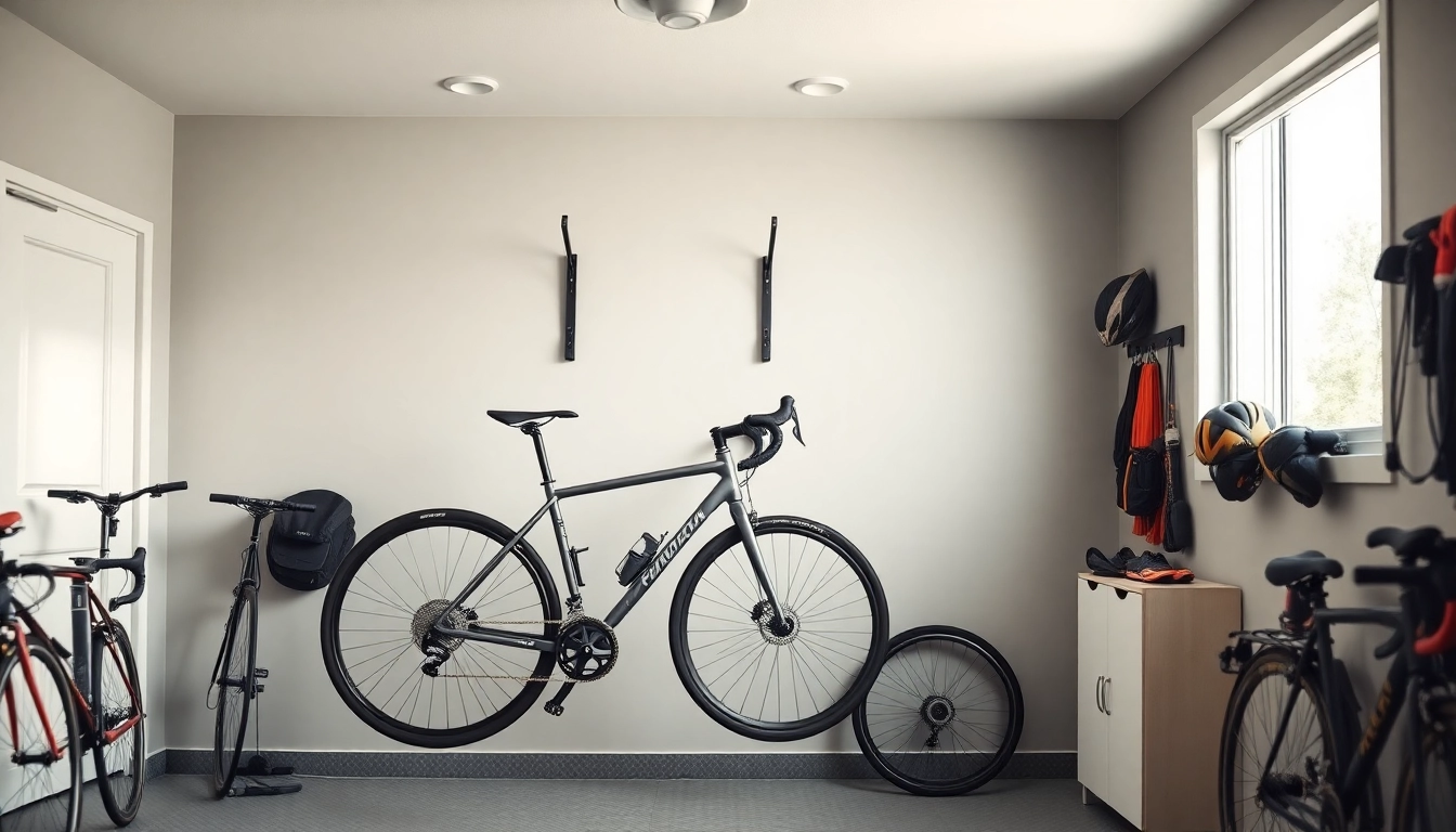 Organized bike wall rack holding a bicycle elegantly in a modern garage setup.