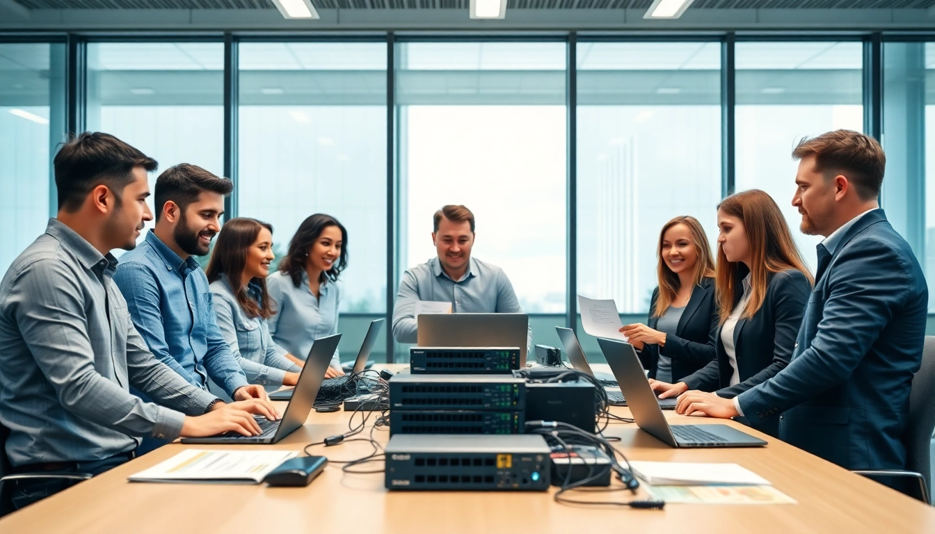 IT professionals collaborating on Cisco partner certification help opportunities in a modern office.