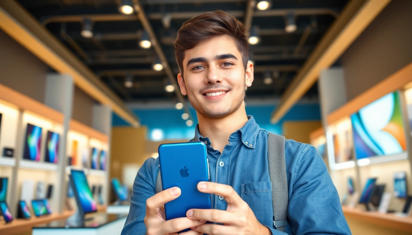 Sell phone today cash with a professional young adult in a bright tech store.