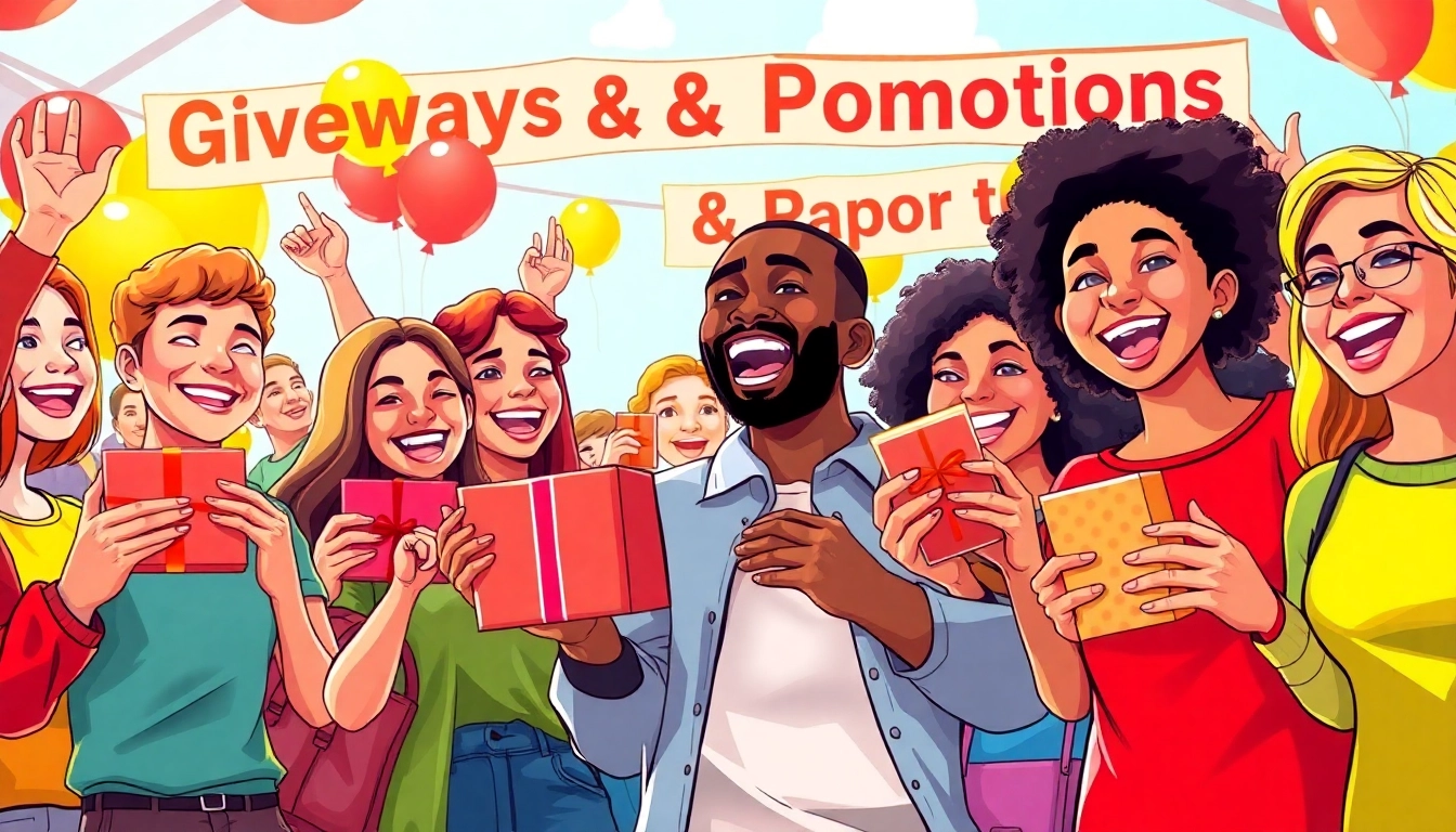 Exciting scene of participants celebrating Giveaways & Promotions with colorful prizes.