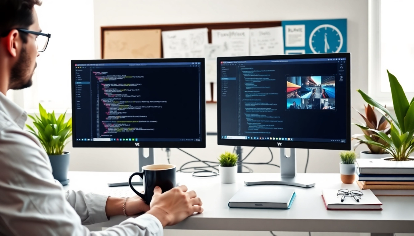 Find an experienced wordpress developer near me in a modern workspace with dual monitors.
