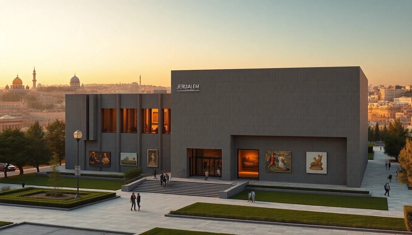 Visitors appreciating unique art pieces at the Jerusalem Art Museum in a vibrant urban setting.