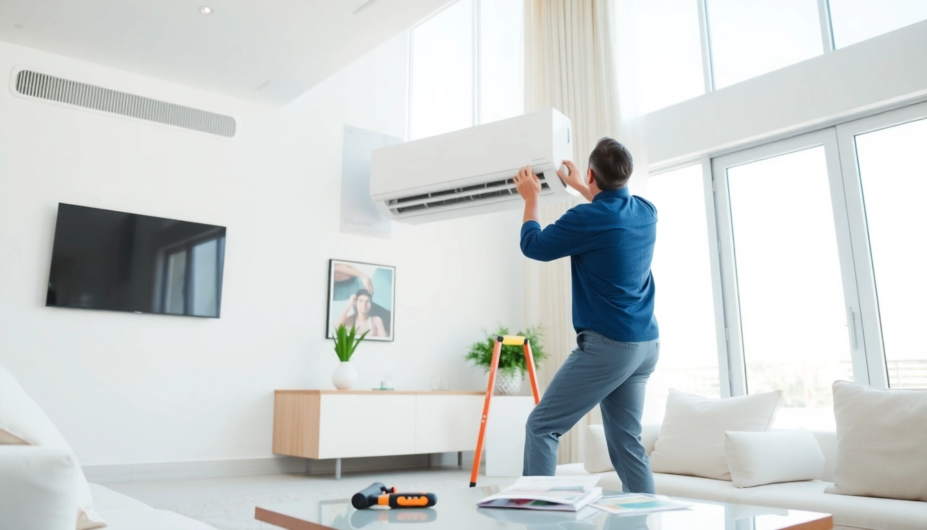 Install O General ac Dubai with a technician in a stylish living room setting.