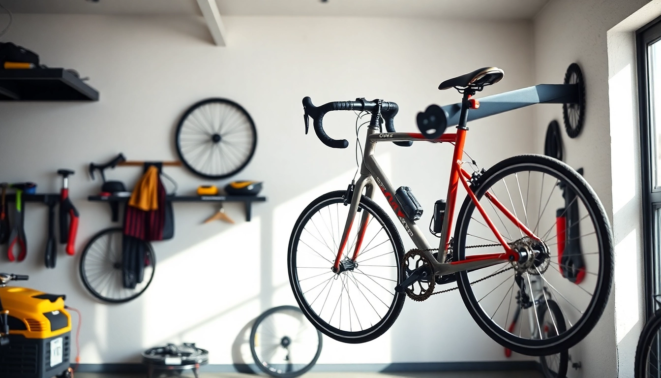 Securely mounted bike wall mount with a vibrant bike in a modern garage.
