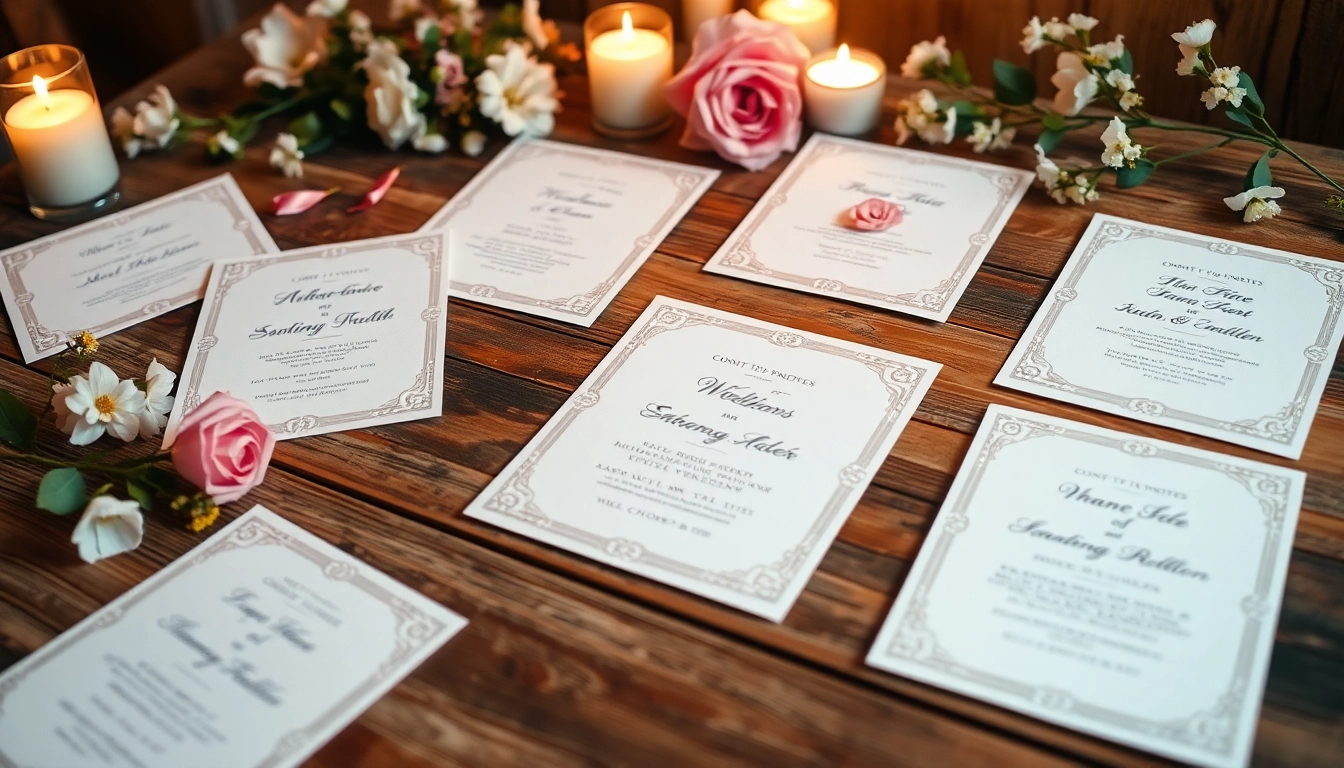 Zaproszenia ślubne na drewnianym stole, otoczone kwiatowymi akcentami i świecami