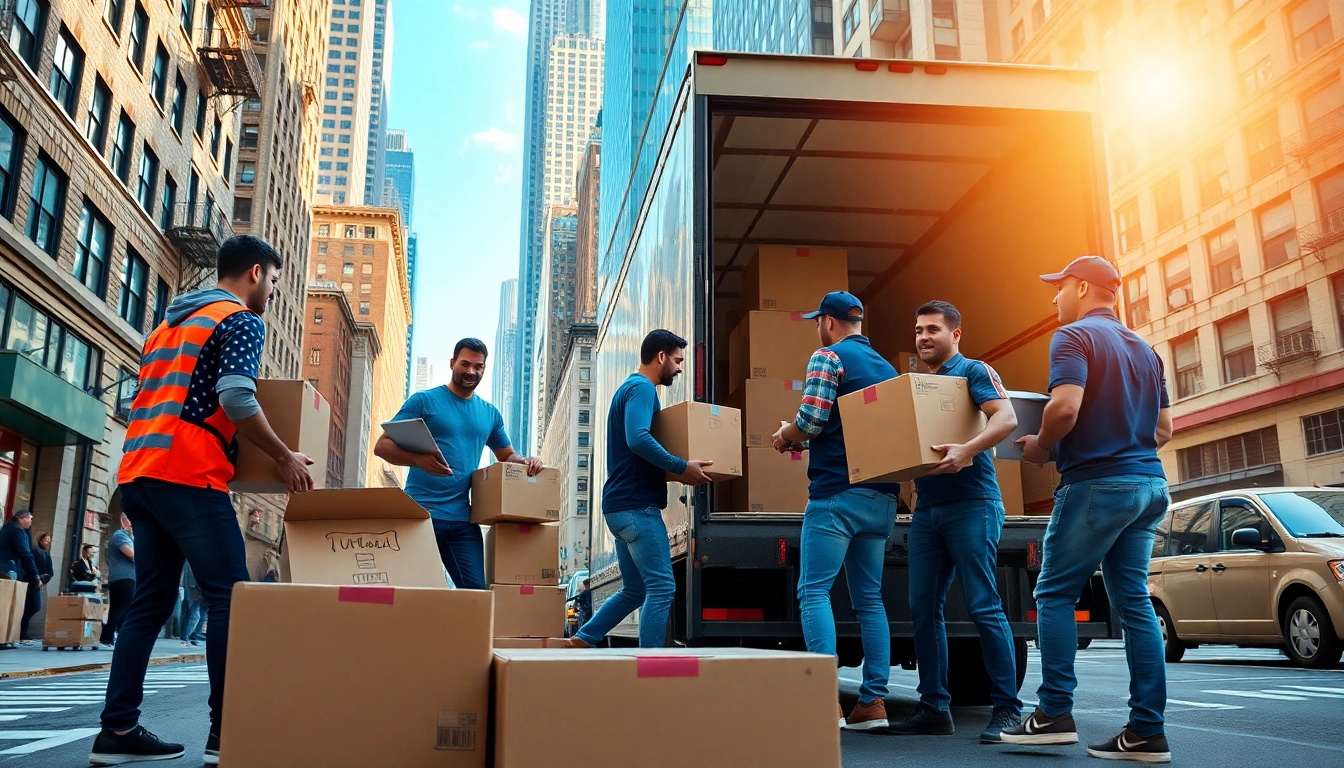 NYC movers working together efficiently to load a moving truck in a busy New York City street.