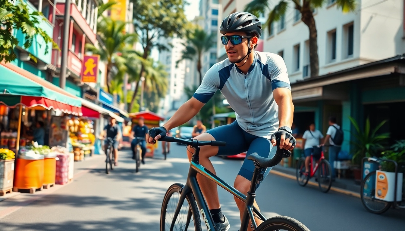 Engaging cyclist on a bicycle rental bangkok amidst vibrant street scenes and bustling markets.