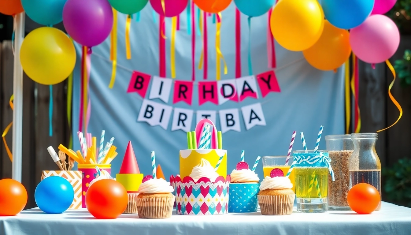 Celebrate a Customizable birthday party with colorful decorations and themed supplies on a festive table.