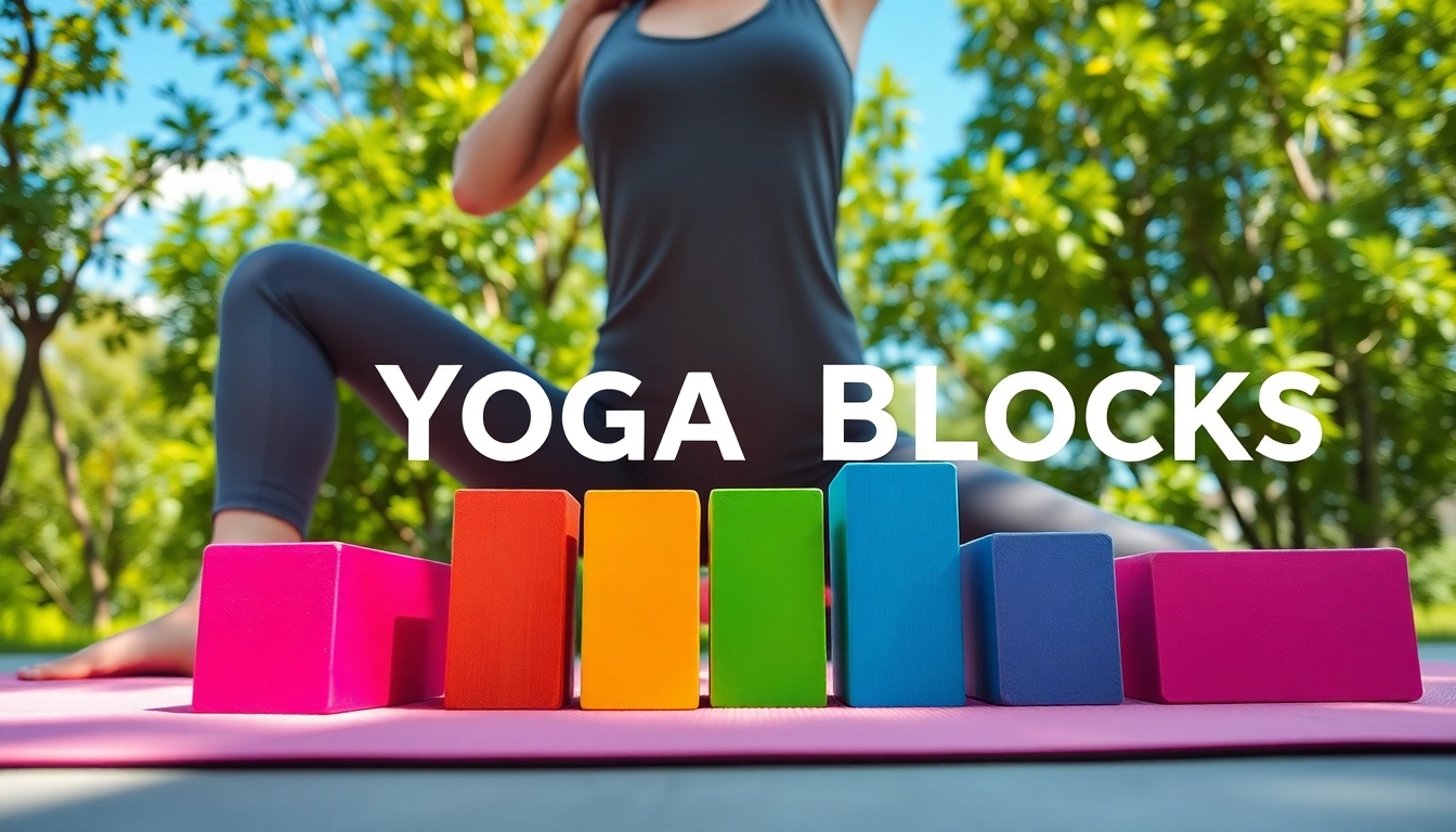 Buy yoga blocks online – colorful blocks used for yoga practice in a serene outdoor setting.