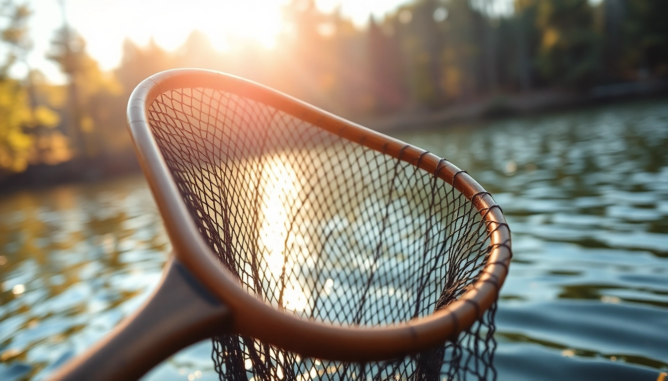Catch a fish effortlessly with this beautifully crafted fly fishing net in a serene outdoor setting.