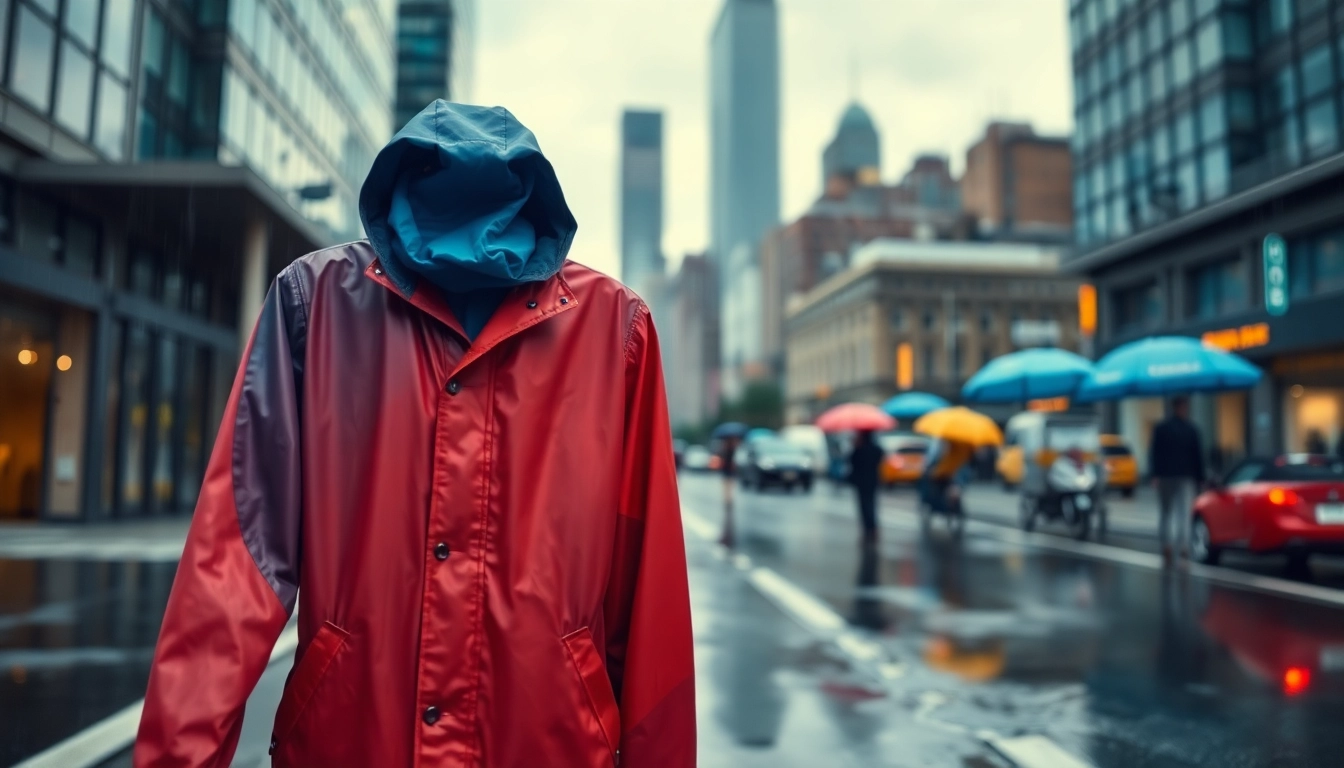 Model showcasing a raincoat against a city backdrop during rain, highlighting waterproof features.