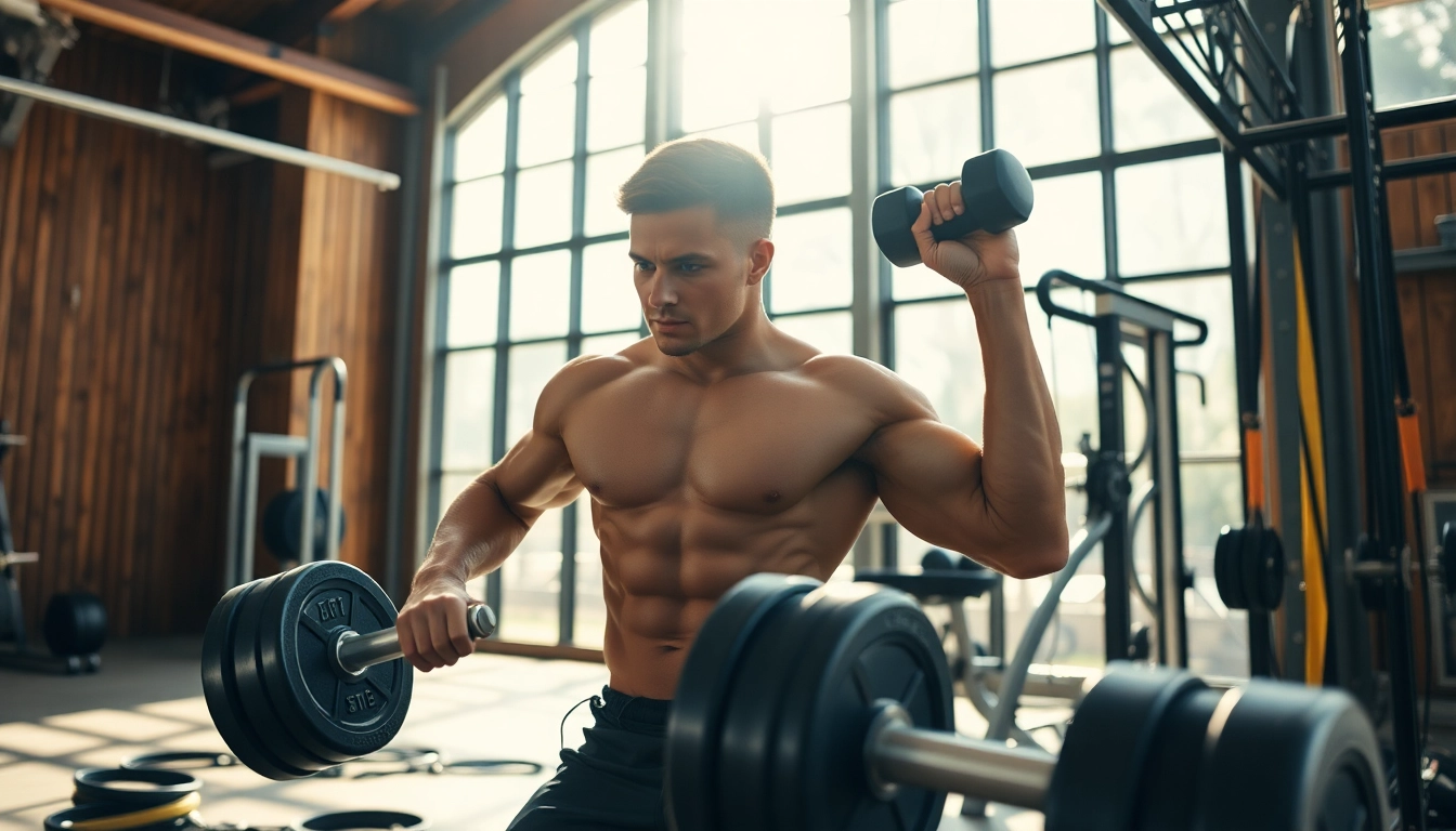 Engaging scene of strength training highlighting HGH FOR SALE with a professional athlete focused on lifting weights.