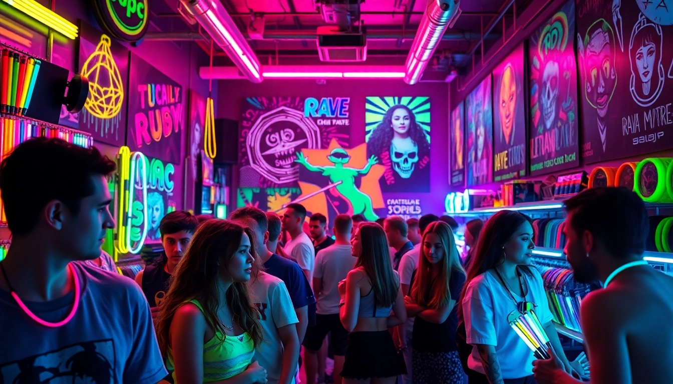 Shoppers exploring rave store Miami filled with colorful accessories and vibrant atmosphere.