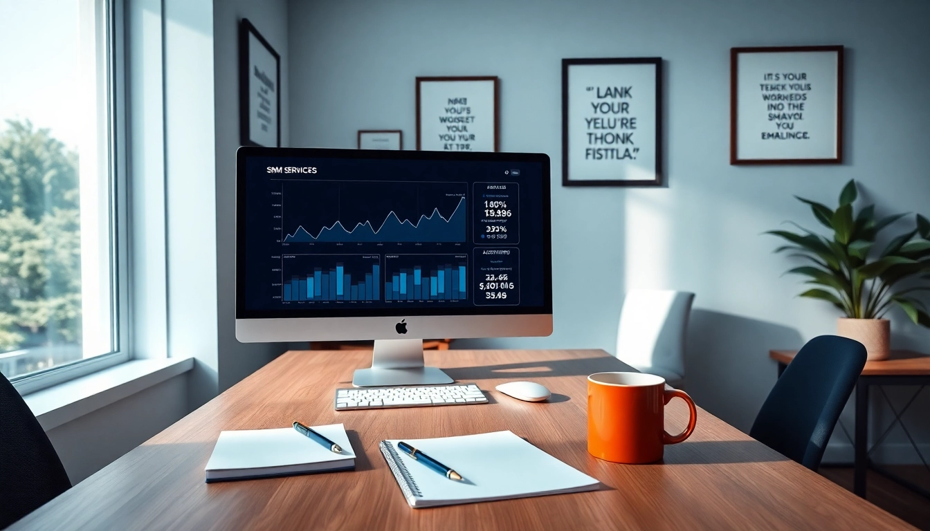 Sleek workspace illustrating smm services with analytics on screen and a tranquil atmosphere.
