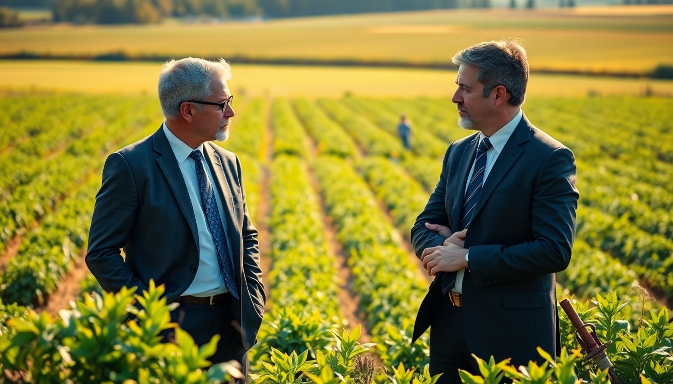 Lawyers discussing agriculture law amidst scenic farm backdrop showcasing collaboration.