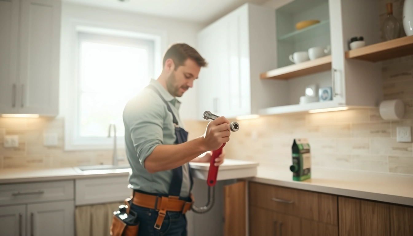 Plumbing Lacey Wa: Professional plumber expertly installing a modern sink in a bright kitchen.
