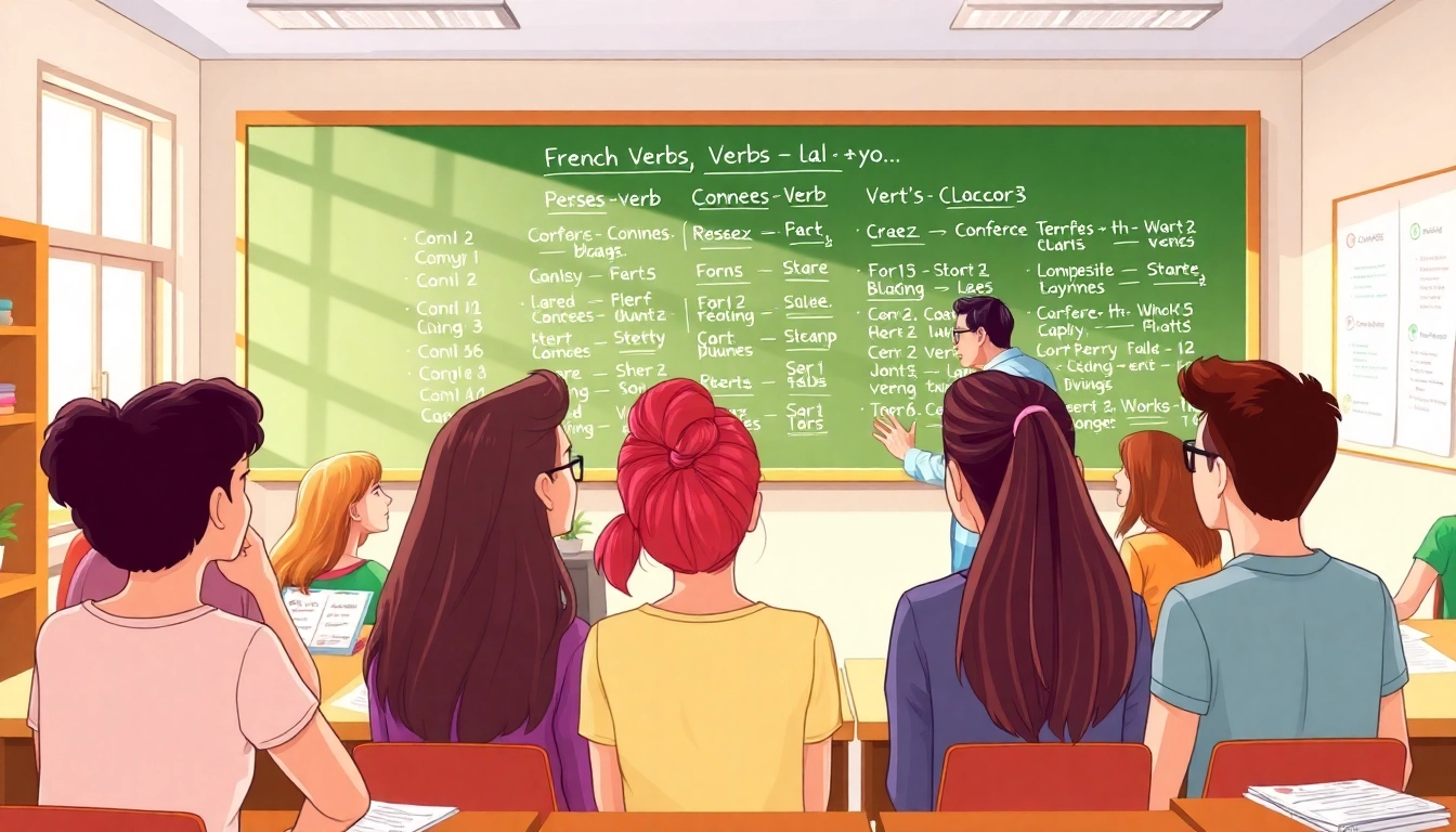 Engaging classroom scene teaching French Verbs with interactive learning, fostering student participation and understanding.
