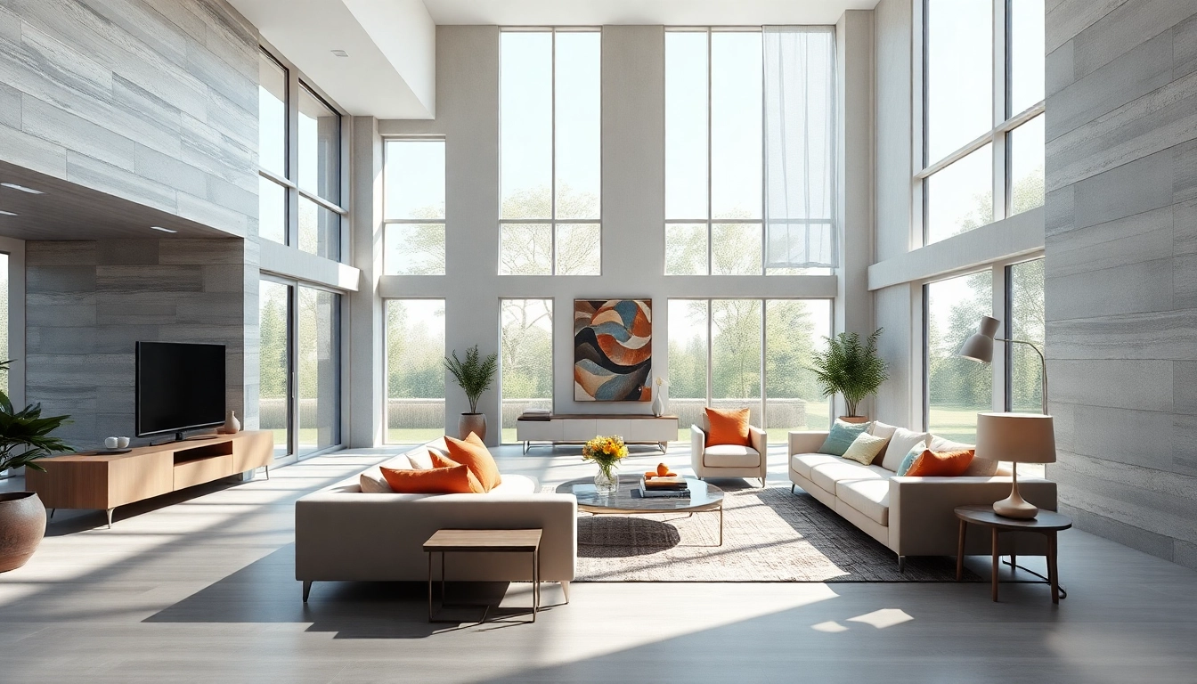 Gestalte beeindruckende 3d visualisierung eines modernen Wohnraums mit natürlichen Lichtakzenten.