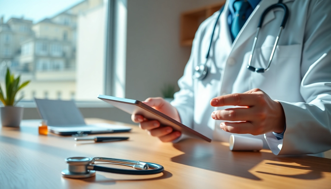 Streamlined eprescription app development showcased in use by a doctor in a modern office.